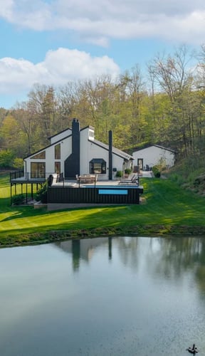 Drone shot of modern white cabin reflected in a private pond surrounded by spring foliage